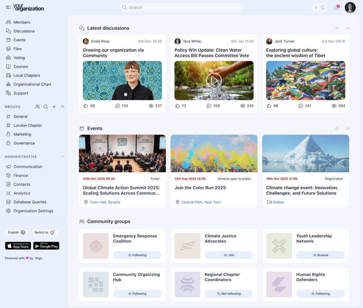 Youth Link community dashboard showing discussions, events, and groups