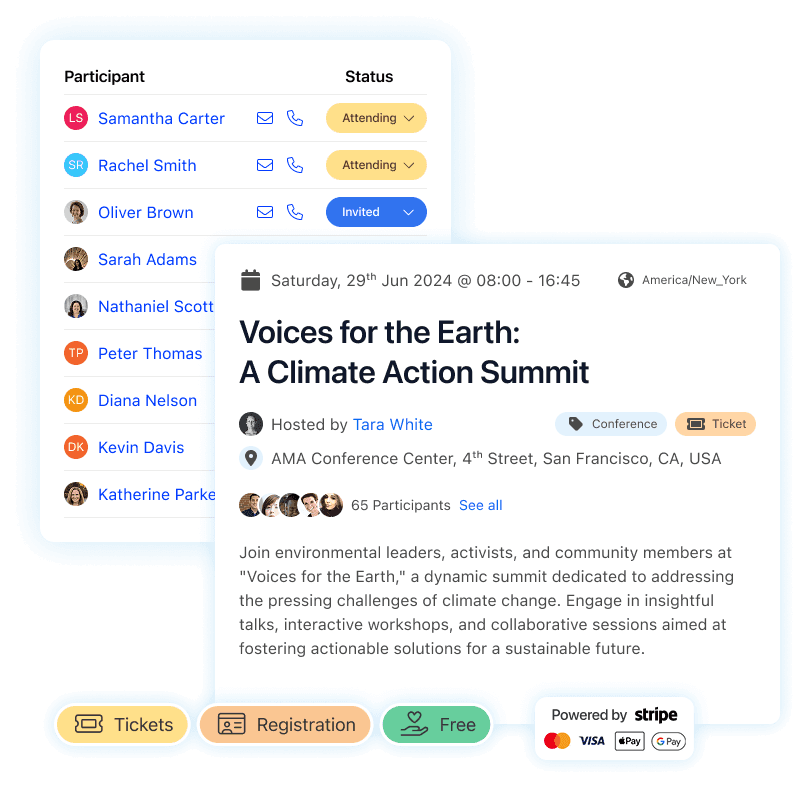 Event management with RSVP tracking and Stripe ticketing
