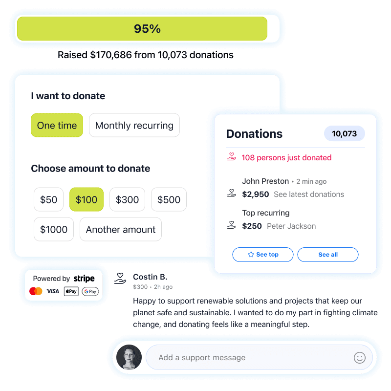 Fundraising campaign with donation widget and donor recognition