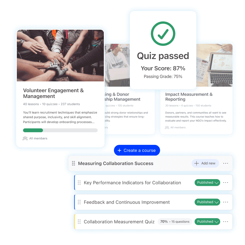 LMS with courses, quiz scores, and completion tracking