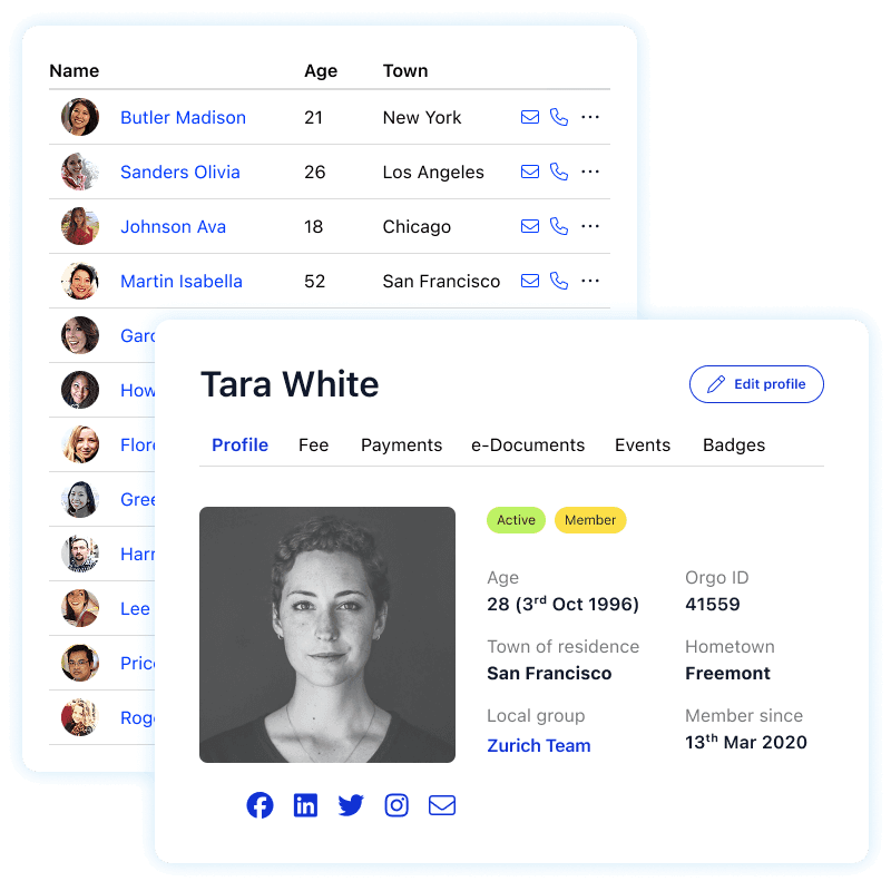 Member directory with profiles, badges, and contact details