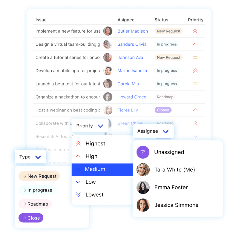Project management with task boards, assignees, and priorities